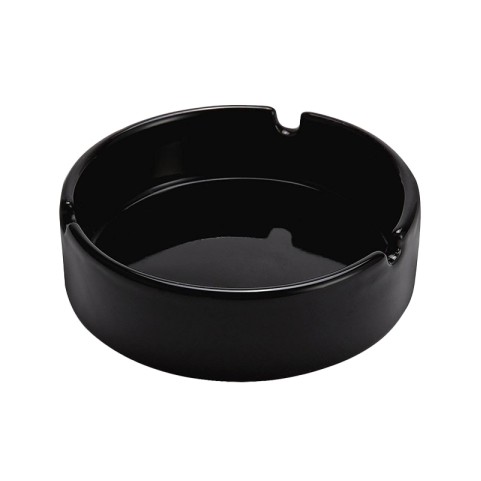 Deep round-cavity ashtray with a glossy solid-black glaze