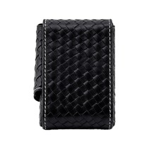 Compact flap-top pocket cigarette case with a black woven texture