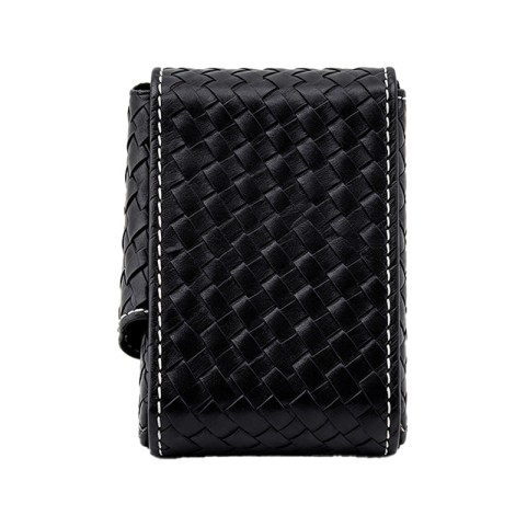 Compact flap-top pocket cigarette case with a black woven texture
