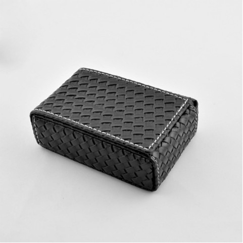 Compact flap-top pocket cigarette case with a black woven texture