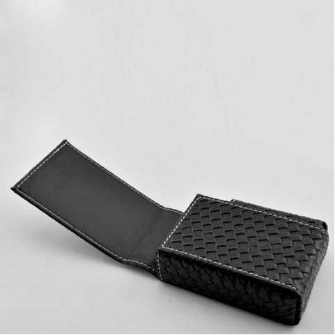 Compact flap-top pocket cigarette case with a black woven texture