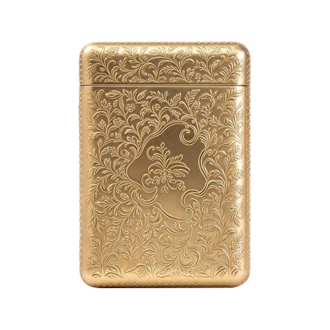 Luxurious vintage-style gold-tone metal cigarette case with ornate engravings