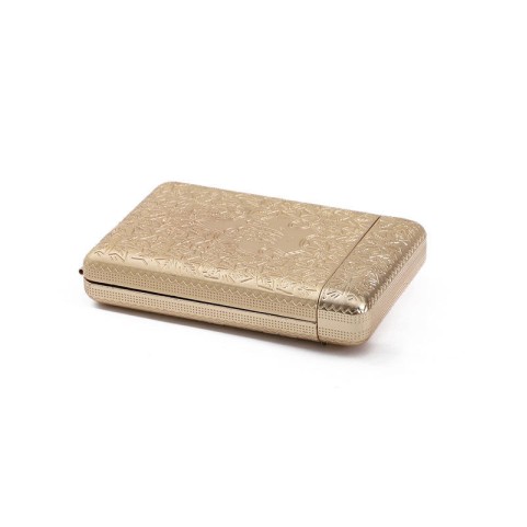 Luxurious vintage-style gold-tone metal cigarette case with ornate engravings