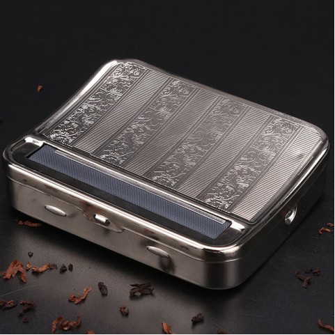 Vintage-style silver engraved metal manual cigarette roller