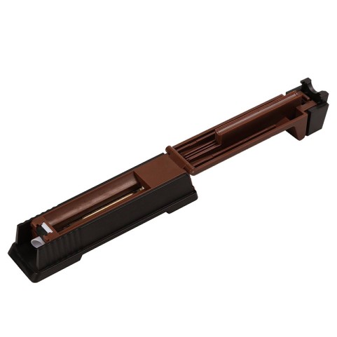 Portable manual pull-style cigarette rolling machine in a brown and black color scheme
