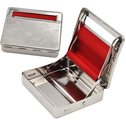 Silver-colored engraved metal 70mm manual cigarette roller